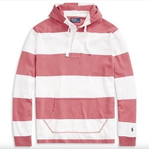 Polo Ralph Lauren Striped Cotton Rugby Shirt Hoodie sz M in Faded Red/White NWT